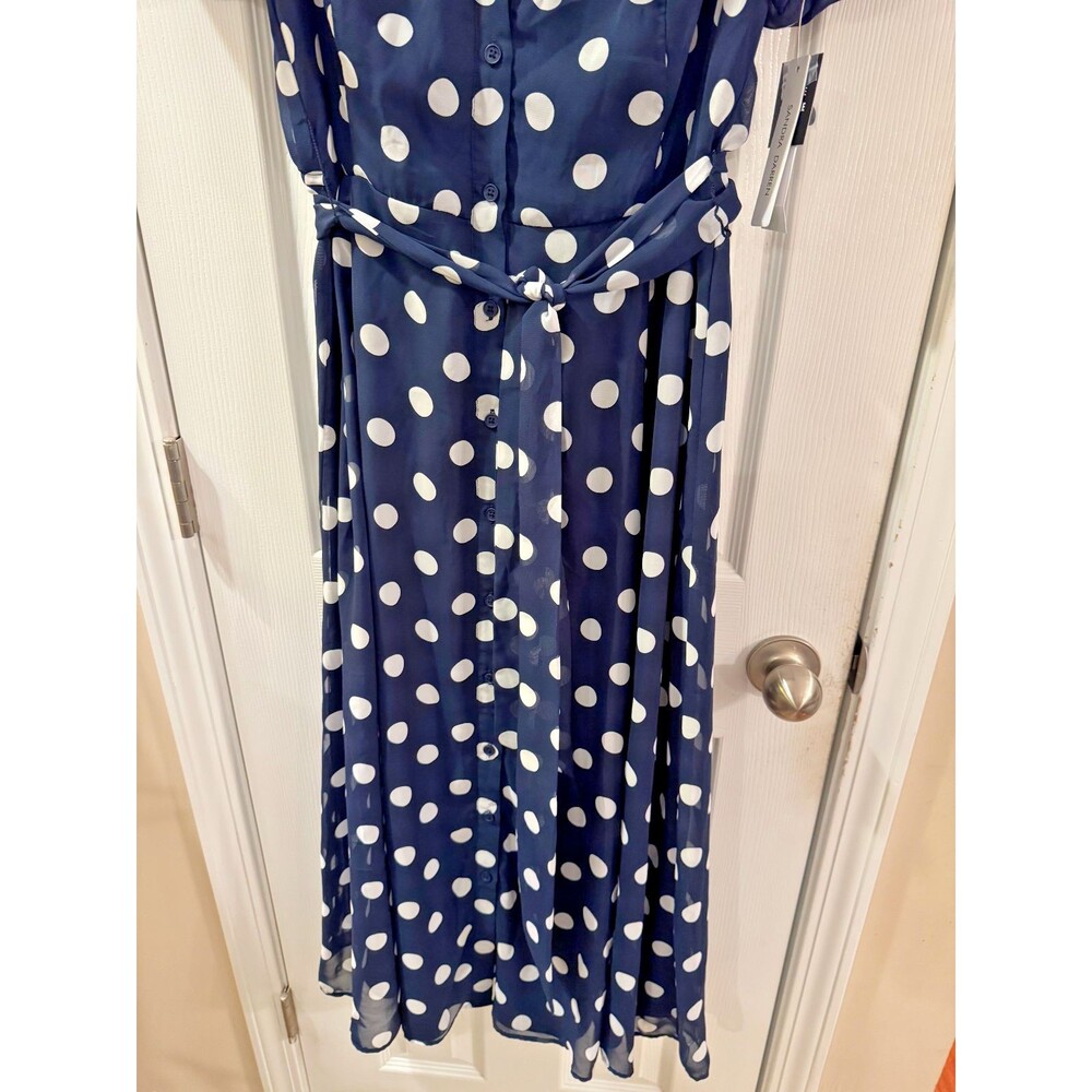 Sandra Darren Polka Dot Shirt Dress Navy Blue Midi Belted Button Front Sz L NWT - Picture 11 of 13